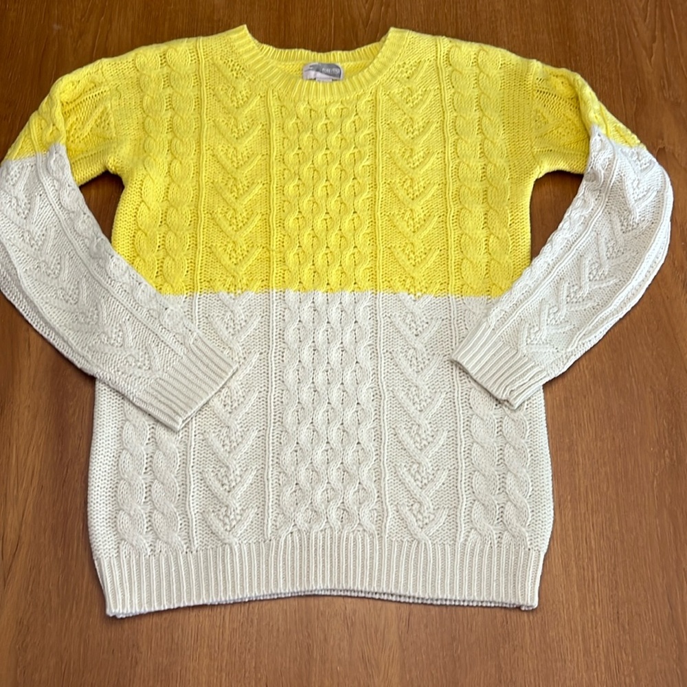 Forever 21 Cable Knit Sweater, 2-Tone, Bright Yellow & Cream, Crew Neck, Size S